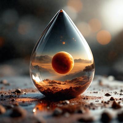 The primary subject of the image is a glass tear drop, which is placed on a dirt surface. The setting is a desert-like environment, with a backdrop of mountains and a sunset in the distance. The visual style is a combination of photo and digital art, creating a unique and artistic representation of the scene. The colors and mood of the image are warm and serene, with the sunset casting a warm glow over the landscape.